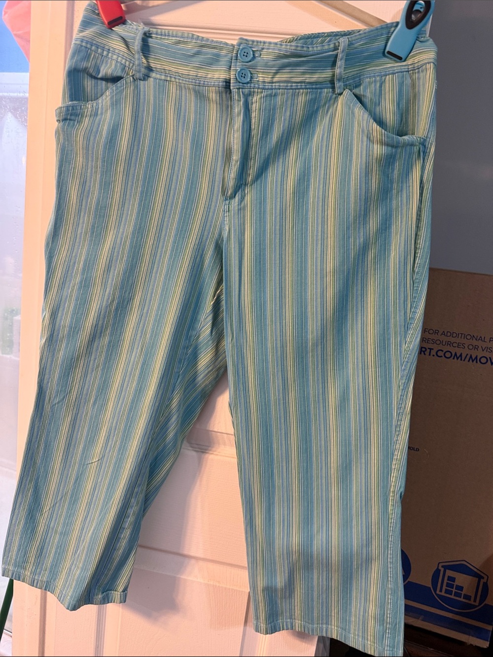 Venezia Light Blue and White Striped Capri Pants 
By Lane Bryant